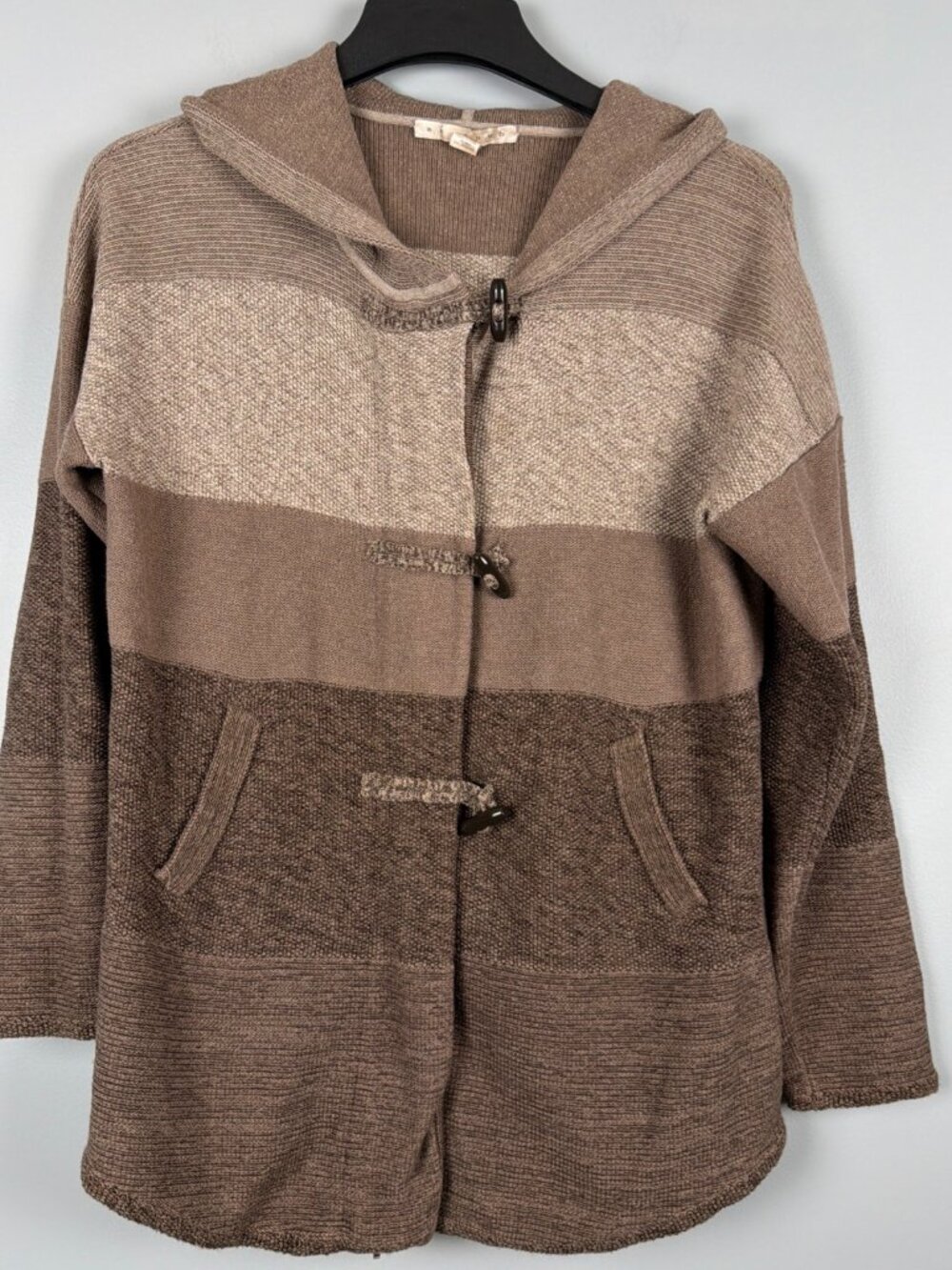 Belford Cardigan Sweater Womens L Brown Striped Pima Cotton Toggle Lagenlook Art